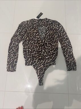 AFRM Leopard-Pattern Wrap Front Long Sleeve Bodysuit in Brown and Black
